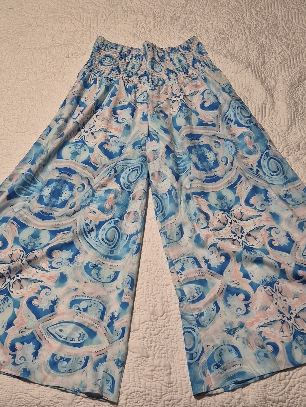 Smocked-Waist Wide Leg Jumpsuit Pants in Blue & Pink Swirl